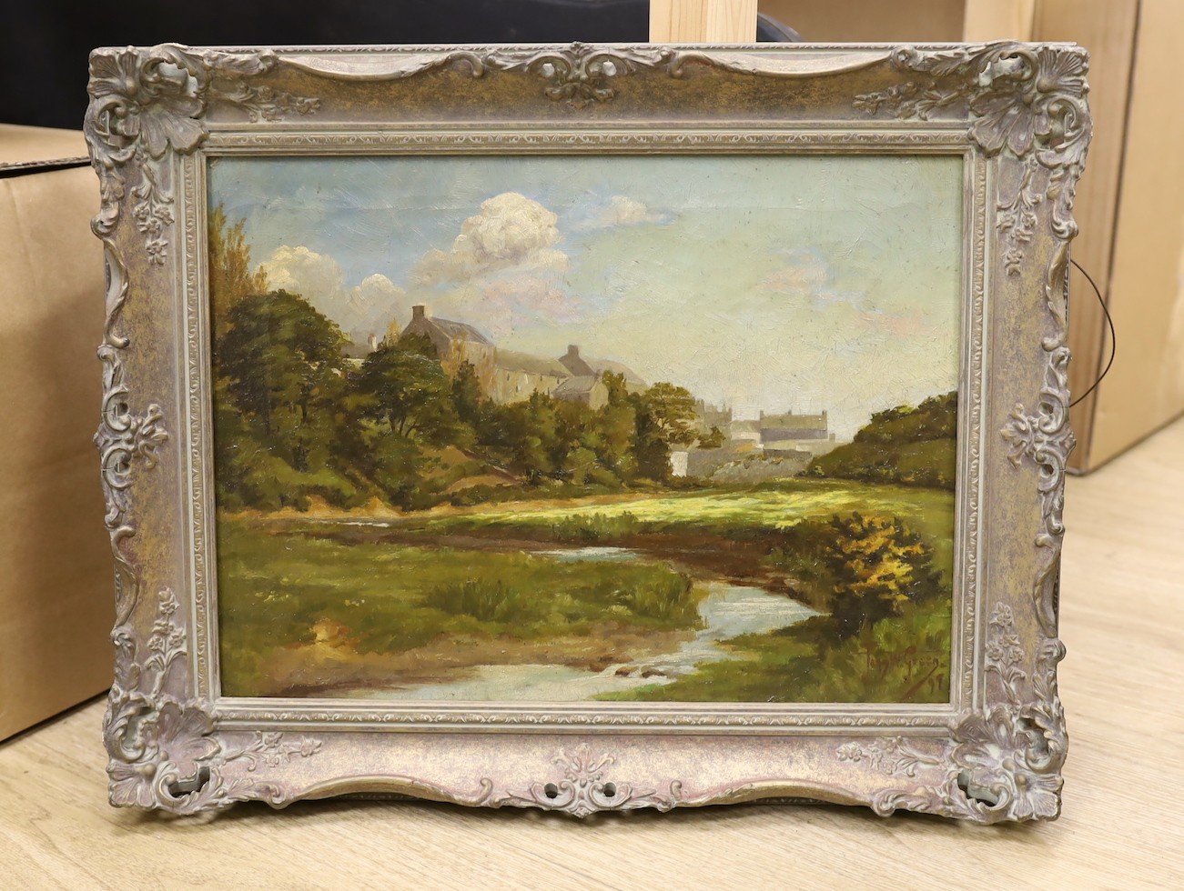 John W. Green, oil on canvas, River landscape with town beyond, signed and dated '97, 29 x 39cm